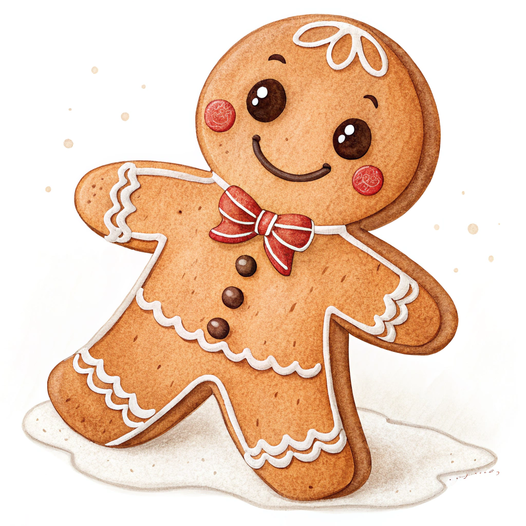 The image shows a gingerbread man with a red bow on his head, painted in brown, white, and red colors against a white background.