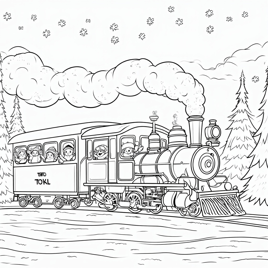 The image shows a sketch of a train with people inside, surrounded by trees and snowflakes. The train is on a railway track, and the image is a free printable coloring page.