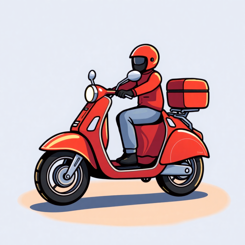 The image is an illustration of a person riding a red scooter. The person is wearing a red helmet and a red jacket, and is holding onto the handlebars with both hands. The scooter has a large red box attached to the back, which appears to be a delivery box. The background is light blue, and the scooter is in motion. The image has a simple, cartoon-like style.