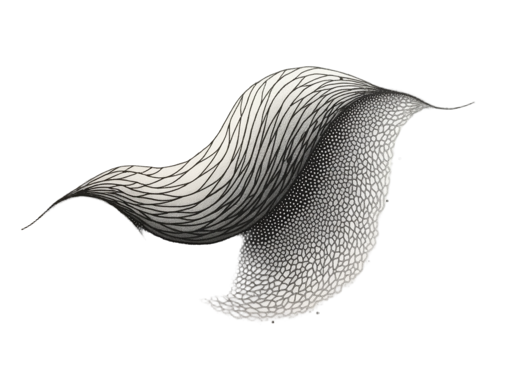 A design featuring overlapping or interpenetrating forms, where one form is clearly wave-like (e.g., concentric ripples) and the other is particle-like (e.g., a dense cluster of dots), with areas of ambiguity where their natures blend.