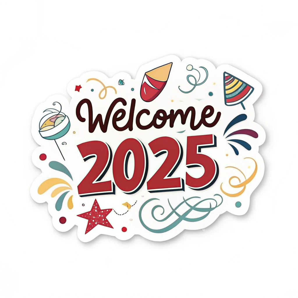 The image shows a white background with a sticker that reads Welcome 2025 in bold black lettering, surrounded by a colorful design of fireworks and confetti, symbolizing the start of a new year.