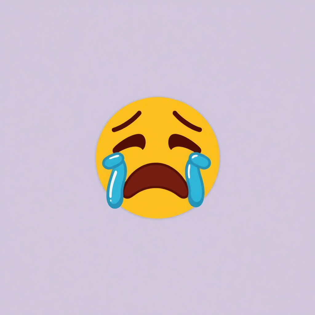 The image shows a yellow smiley face with tears streaming down its cheeks, set against a purple background.