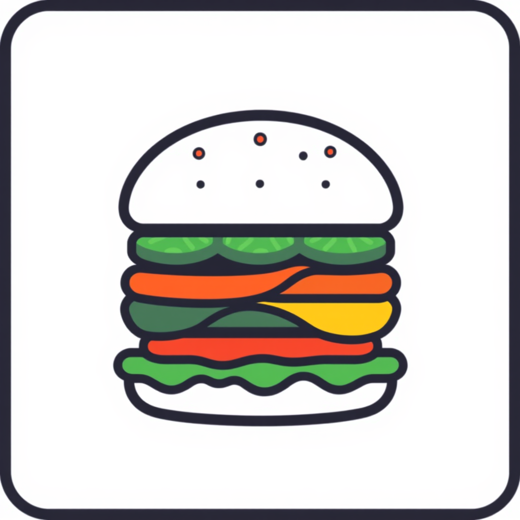 A stylized hamburger icon using geometric shapes, such as circles and rectangles, to represent the bun, patty, and toppings. The design would be minimalistic and instantly recognizable.