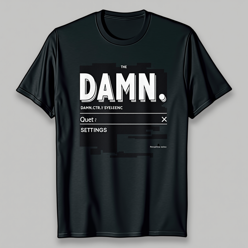 T-Shirt Design Idea 5: Interactive Elements Tee. Design elements that mimic a computer interface or a controller. 'DAMN.' could be styled like an impactful, unmissable notification or button, while 'Ctrl' could be represented by a selectable option or a settings panel. The full title 'The DAMN. Ctrl. Experience' could be the 'program name' or 'window title.' Subtle visual cues from both albums integrated.