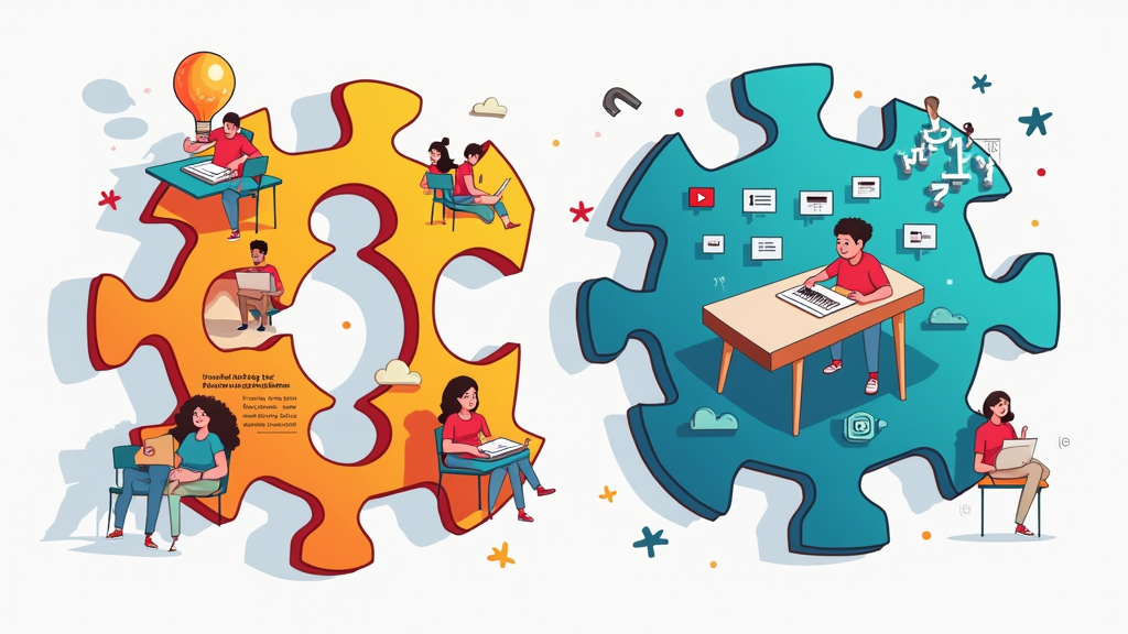 Interlocking puzzle pieces or gears, some with icons representing physical education (e.g., a pencil, a desk, a group of students) and others with icons for digital education (e.g., a mouse, a video play button, binary code), highlighting the integrated nature of hybrid learning.
