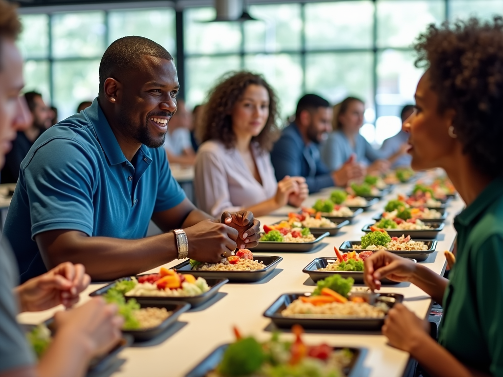 A glimpse of the cafeteria bustling with employees from various teams discussing projects over lunch, with trays filled with healthy meals.