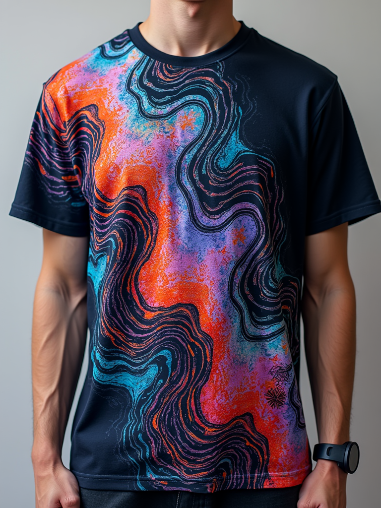 A t-shirt design featuring a continuous, evolving abstract pattern that wraps around the garment, inspired by generative art algorithms like Perlin noise or reaction-diffusion. The pattern should appear to be constantly shifting, forming new 'dream-like' visuals, making each piece feel unique.