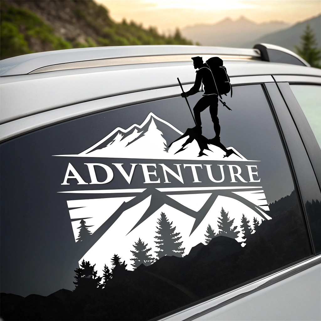 A car sticker with the name and a silhouette of a favorite animal or hobby.