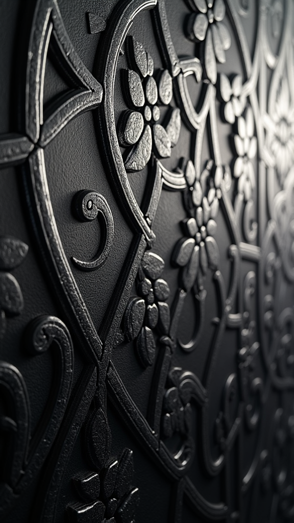 The image shows a close up of a black and white photo of a metal door with intricate designs on it. The door is made of metal and has a glossy finish, giving it a sleek and modern look. The designs on the door are intricate and detailed, with a variety of shapes and patterns that create a unique and eye-catching design.