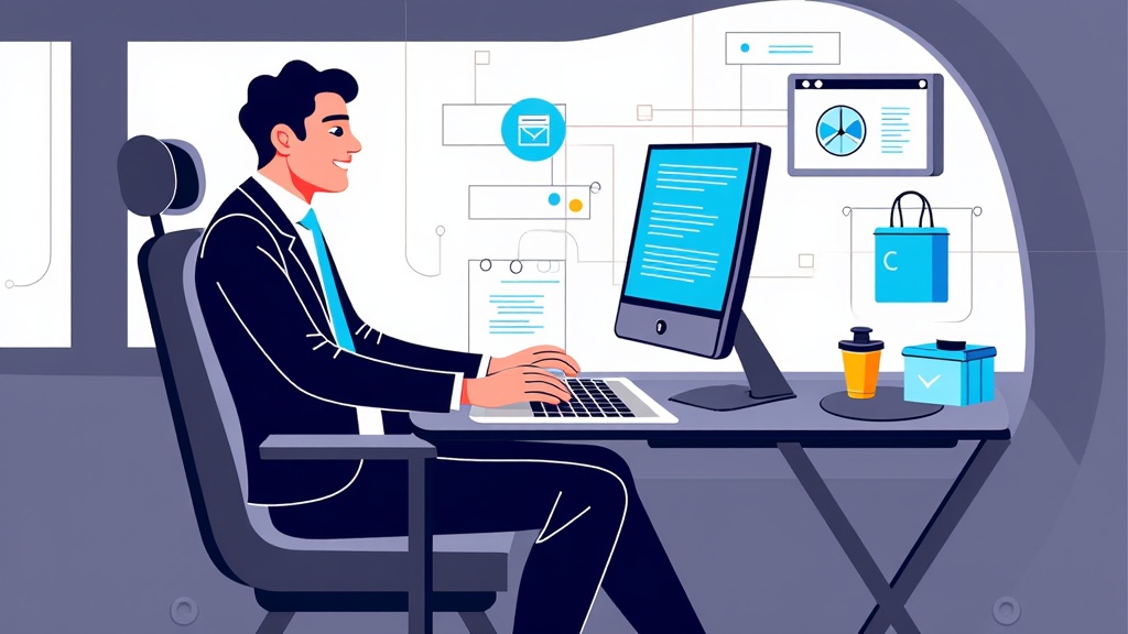 Sub Design Idea 3: 'The Mobile Productivity Hub'. Illustration depicting a passenger in a focused work environment. The robotaxi interior has transformed with a deployable smart desk, integrated privacy screens (e.g., electrochromic glass), and a high-definition display for video conferencing or presentations. The AI is shown managing connectivity, scheduling, and offering assistance like dictation services.
