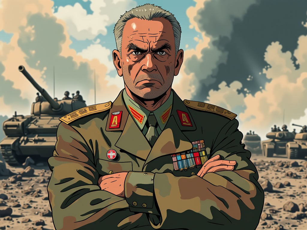 The image is an illustration of a man in a military uniform with his arms crossed. He appears to be in a desert-like environment with tanks and other military vehicles in the background. The man has a serious expression on his face and is looking directly at the camera. He has grey hair and is wearing a green jacket with red and gold insignia on the left side of his chest. The background is filled with smoke and rocks, suggesting that the scene is taking place in a war-torn area. The overall mood of the image is tense and ominous.