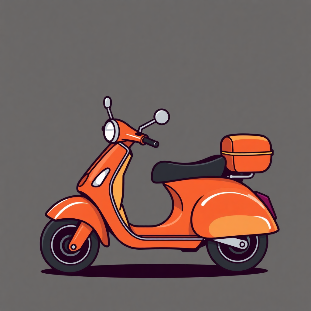 The image is a digital illustration of an orange scooter. The scooter has a round headlight and two round mirrors on the front. It has a black seat and a small orange box on the back. The wheels are black and appear to be made of rubber. The background is a plain grey color. The overall style of the illustration is simple and cartoon-like.