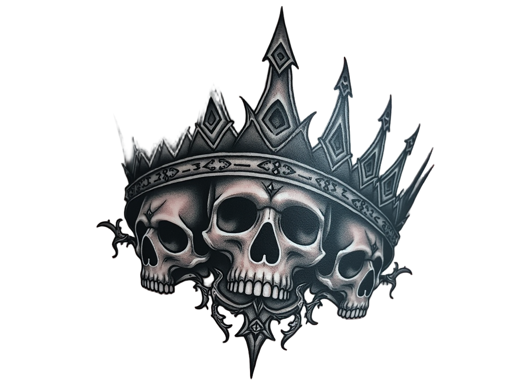 A gothic-inspired crown tattoo behind the shoulder, featuring dark, heavy lines and skull motifs nestled into the crown's structure.