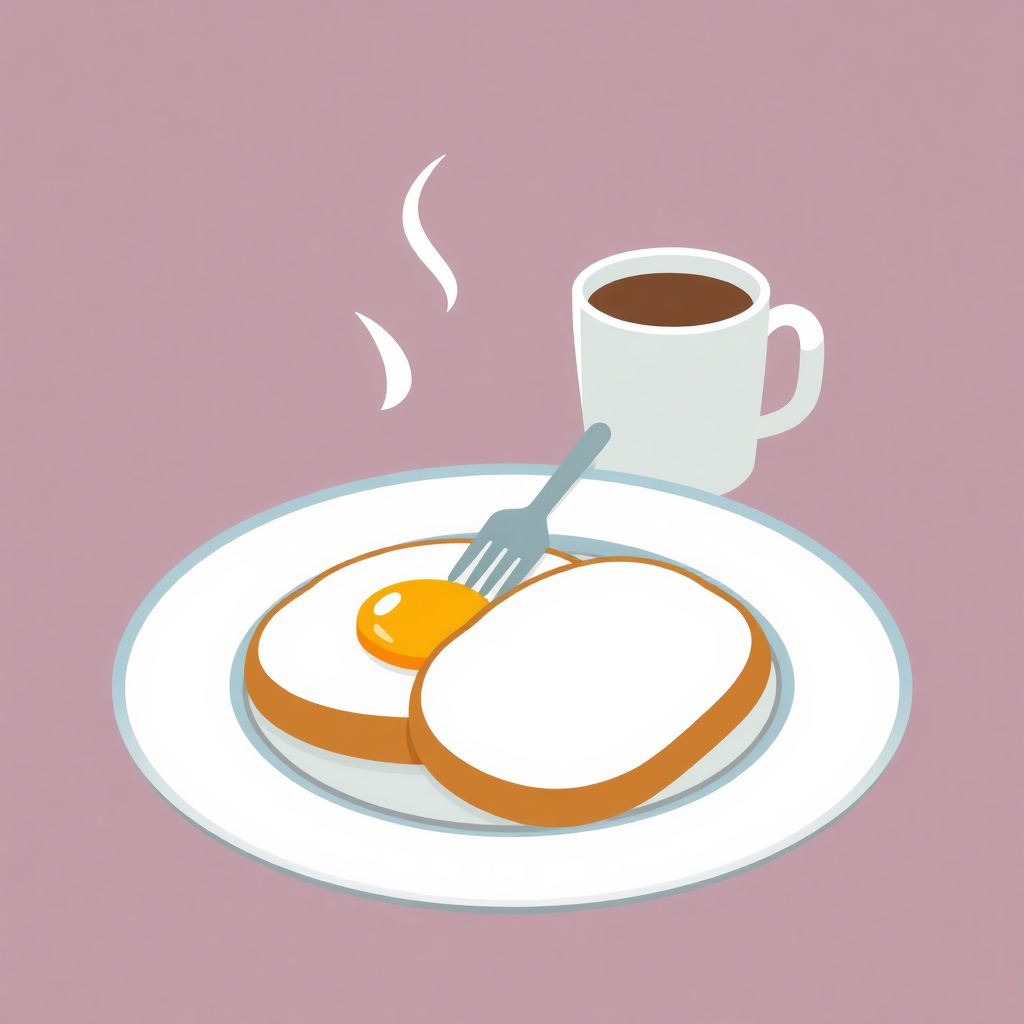 The image is an illustration of a breakfast scene. It shows a white plate with two pancakes on it. The pancakes are golden brown and appear to be freshly cooked. On top of the pancakes, there is a fried egg with a fork resting on the plate. Next to the plate, there are two cups of coffee. The background is a light pink color. There is a wisp of steam rising from the plate and a small amount of coffee in the cup. The overall style of the image is flat and cartoon-like.