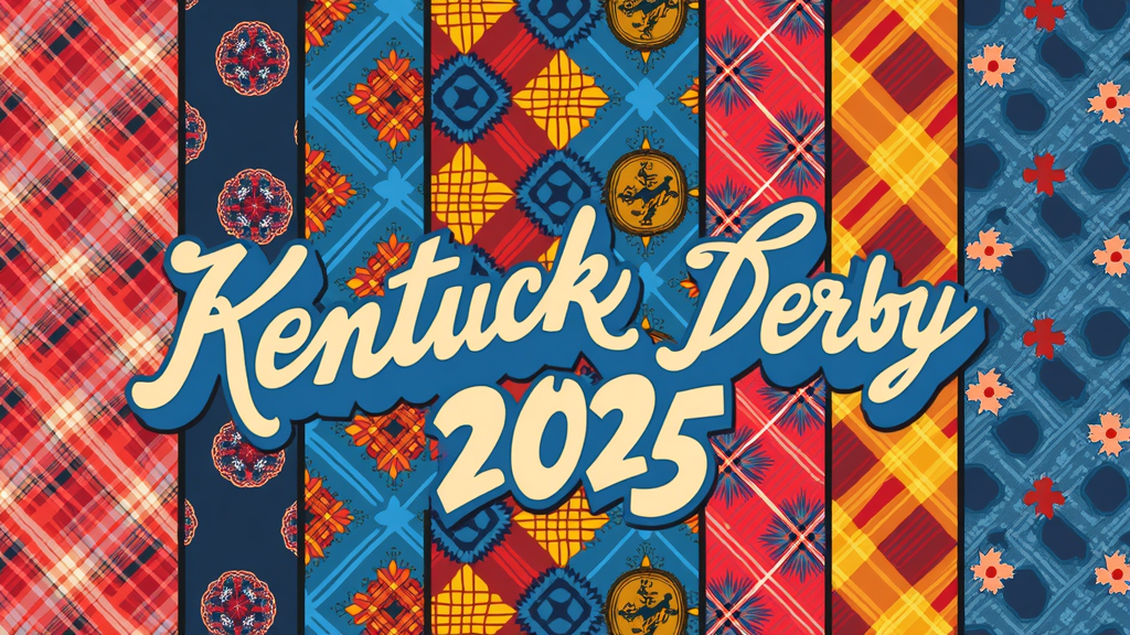 T-Shirt Design Sub-Idea 1: A vibrant collage showcasing a variety of classic jockey silk patterns (such as diamonds, checkers, and stripes) rendered in 2025's trendiest bright color palettes. The design should incorporate the text 'Kentucky Derby 2025' in an elegant, timeless serif font.