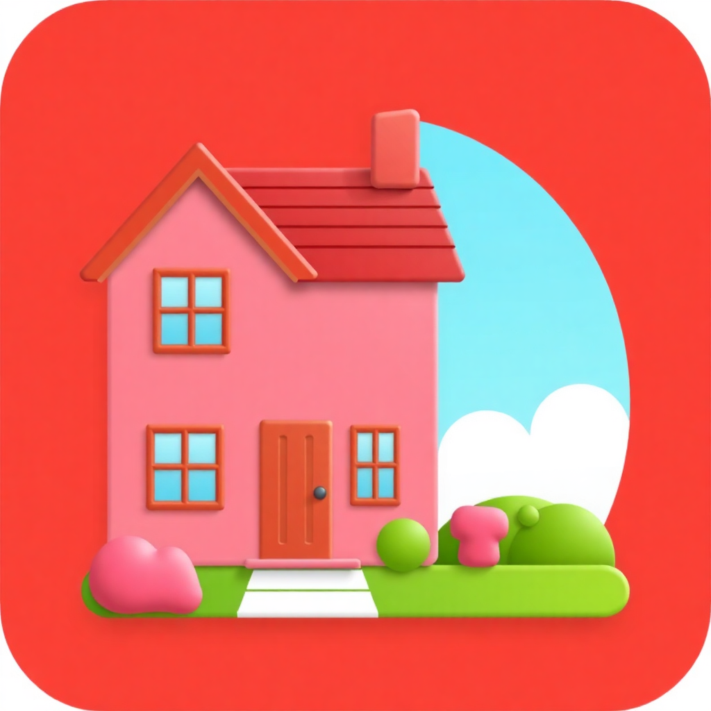 The image is a digital illustration of a pink house with a red roof and a chimney. The house has two windows on the front and a door in the center. The front of the house is covered in green grass and there are two pink clouds on either side of the door. The sky is blue with white clouds in the background. The overall color scheme of the image is bright and cheerful.