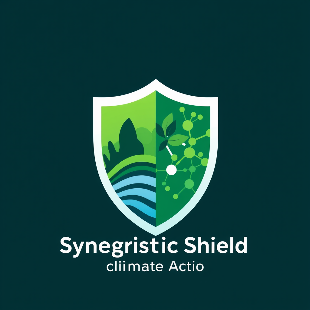 Synergistic Shield for Climate Action: A shield emblem divided into two harmoniously interlocking sections: one featuring a natural element (e.g., water wave, tree silhouette) and the other featuring a clean tech element (e.g., abstract network nodes, clean energy symbol). This represents protection and strength through integrated green solutions.
