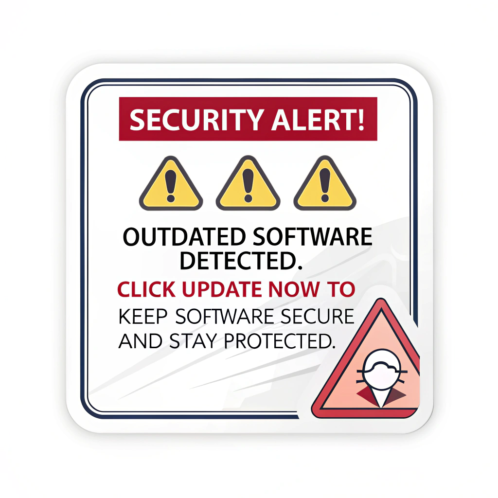 Sticker Sub-Design 5 (Urgent Alert Style): A design mimicking a critical system alert notification. Header: 'SECURITY ALERT!' Body: 'Outdated Software Detected. Click UPDATE NOW to Keep Software Secure and Stay Protected.'