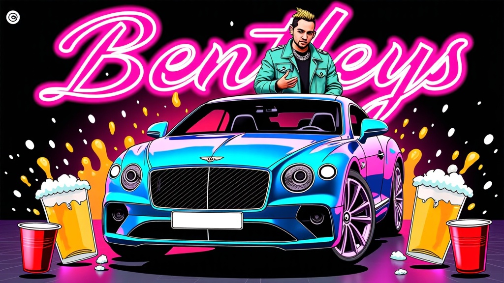 Focus on a high-contrast design where chrome elements (like a stylized Bentley grille, or 'Bentleys' text in chrome font) sharply reflect neon lights and imagery associated with 'Beerbongs' (e.g., splashing beer, red solo cups). Post Malone could be depicted in a dynamic pose, partially rendered in chrome and partially in neon outlines, symbolizing the fusion of the two themes.