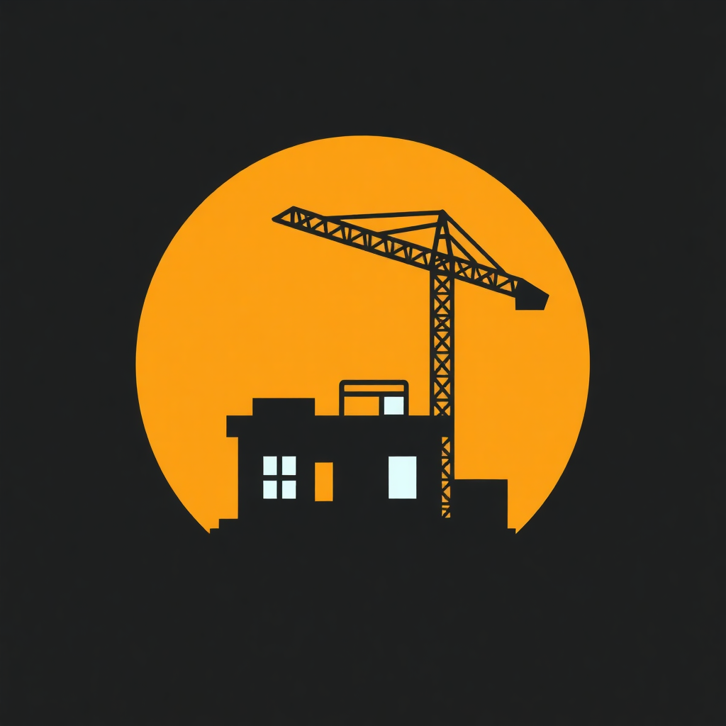 The image is a graphic illustration of a construction site with a large crane in the center. The crane is orange in color and is positioned in front of a black background. The building below the crane is black and appears to be a two-story structure with a flat roof and multiple windows. The image is simple and minimalistic, with no other elements in the background.