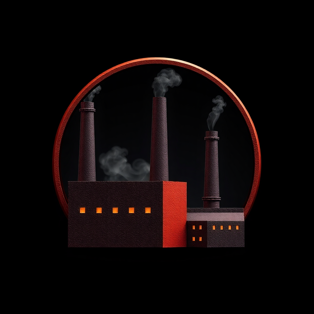 The image is a digital illustration of a factory with three tall chimneys. The chimneys are black and have white smoke coming out of them. The factory is made up of a red brick structure with orange windows. The background is black, and the image is framed by a red circle. The overall color scheme of the image gives it a bold and striking appearance.