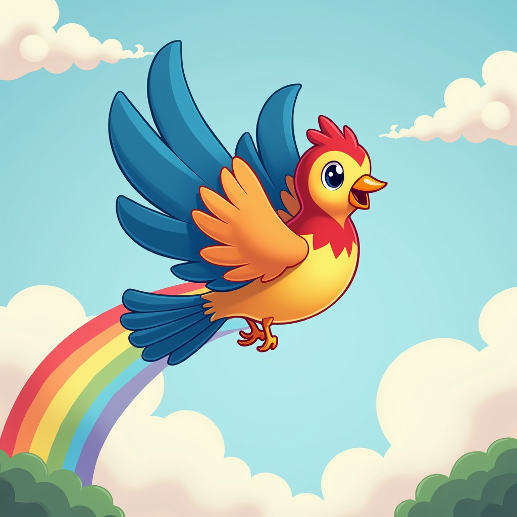 A simple icon of a bird in mid-flight, with a rainbow trail following behind it, symbolizing joy and freedom, suitable for a variety of uses.