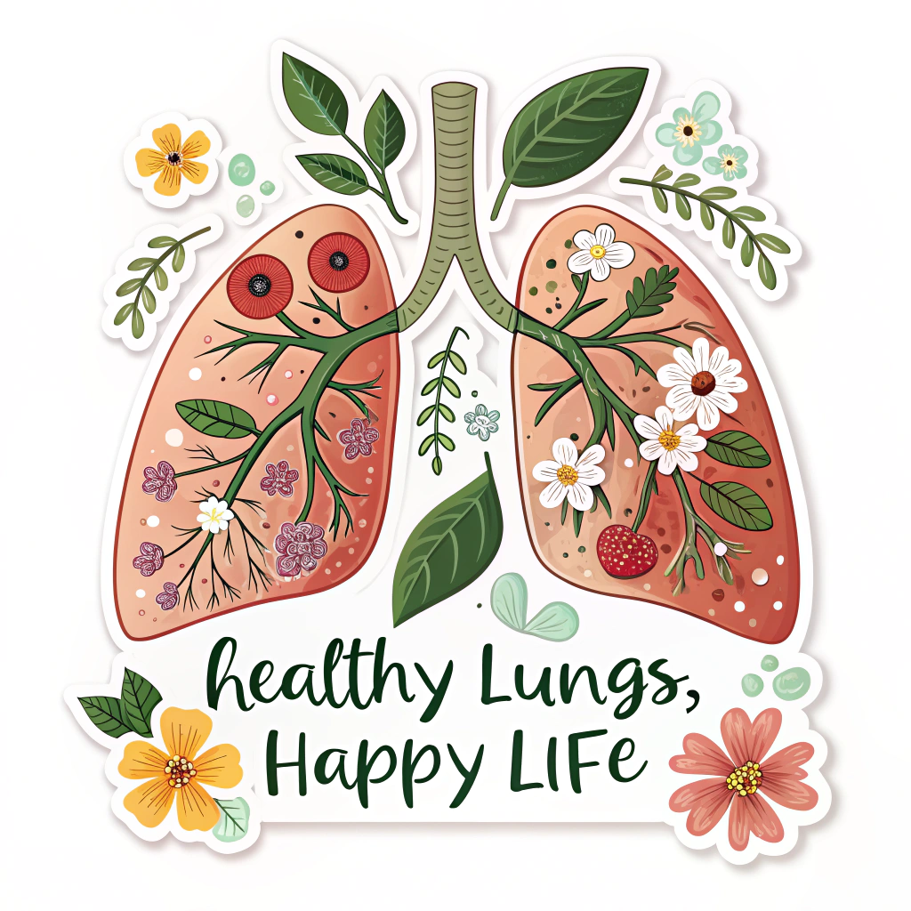 Sub-design idea 1: Sticker featuring an illustration of vibrant, healthy lungs blooming with small flowers or green leaves, symbolizing fresh air and vitality, with the text 'Healthy Lungs, Happy Life' gracefully integrated.