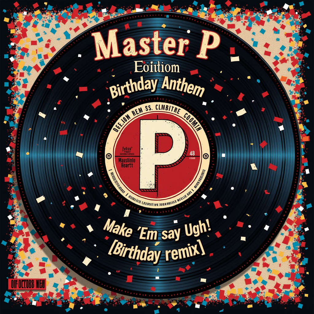 Sub Design Idea 3: T-shirt designed as a special edition vinyl record sleeve. Center graphic: stylized 'P' or No Limit logo with birthday confetti. 'Master P Birthday Anthem' as album title, 'Make 'Em Say Ugh! (Birthday Remix)' as a feature track.