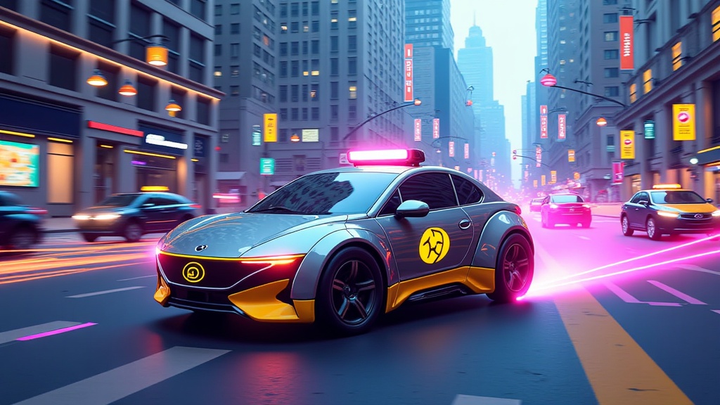 Guardian System - Split-Second Evasion: Depict a dynamic scene where a robotaxi performs a swift, safe evasive maneuver (braking/swerving) in response to a sudden hazard (e.g., object in road, erratic vehicle), possibly with visual cues of its AI's rapid decision-making.