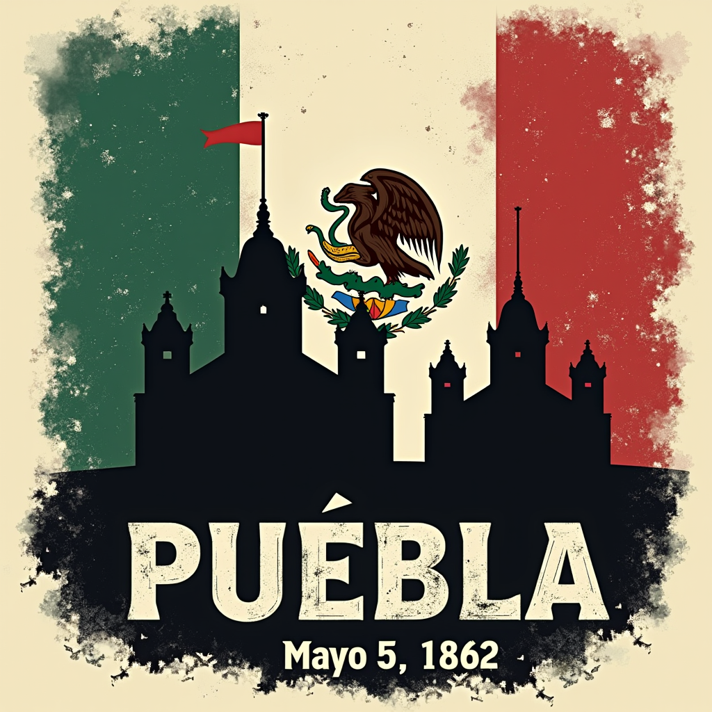 Sub-design 1: Puebla Forts Silhouette - A T-shirt design featuring a stark silhouette of the Puebla forts (Loreto and Guadalupe) against a distressed Mexican flag backdrop, with the text 'Puebla - Mayo 5, 1862'.