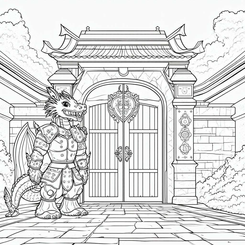 A noble dragon clad in ornate armor, standing guard at an ancient temple gate. The armor is engraved with sacred symbols and mythical creatures, offering a multitude of coloring options. The temple's architecture in the background suggests an exotic, mystical atmosphere.