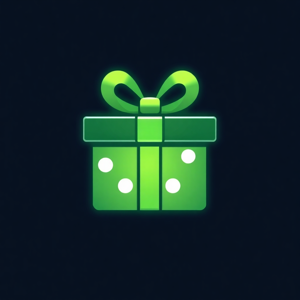 The image is a digital illustration of a green gift box with a bow on top. The box is rectangular in shape and has four white dots on it. The background is dark blue, making the green color of the box stand out. The bow is tied in a neat knot at the top of the gift box. The overall design is simple and minimalistic.