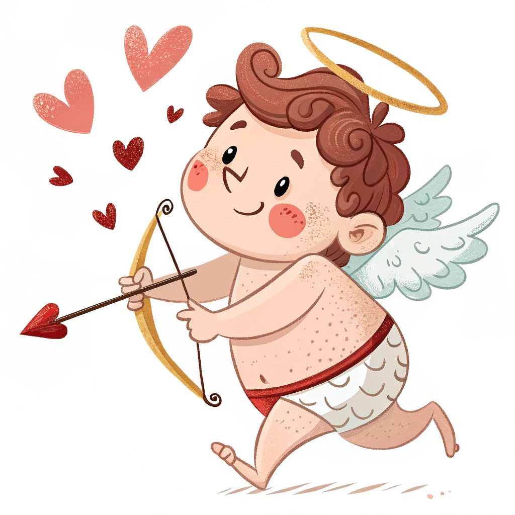 A sticker featuring a chubby, cartoonish Cupid with rosy cheeks, a mischievous grin, and a slightly askew halo, holding a heart-tipped arrow.