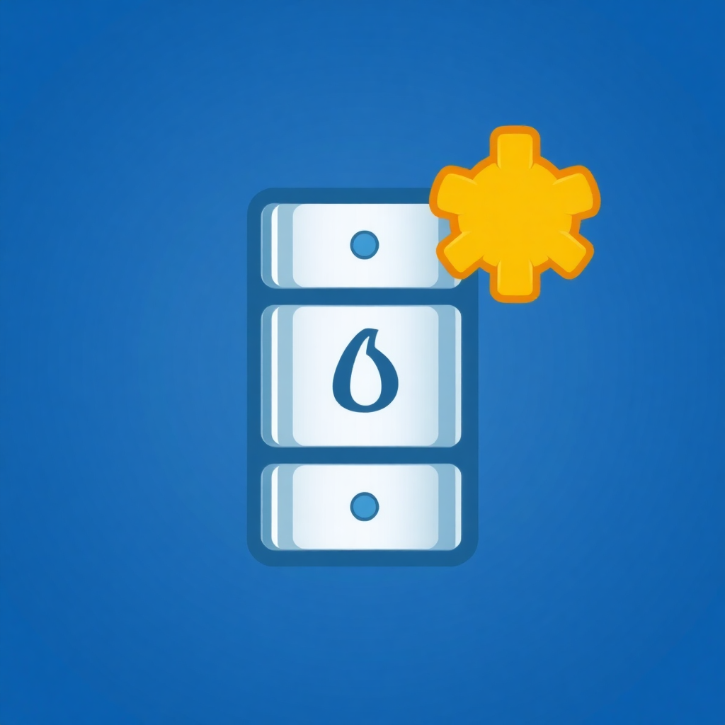 The image is a blue square with a white icon in the center. The icon is a rectangular shape with three white squares on each side. On the top right corner, there is an orange gear icon. The gear icon is in the shape of a drop of water. The background is a solid blue color. The overall design is simple and minimalistic.