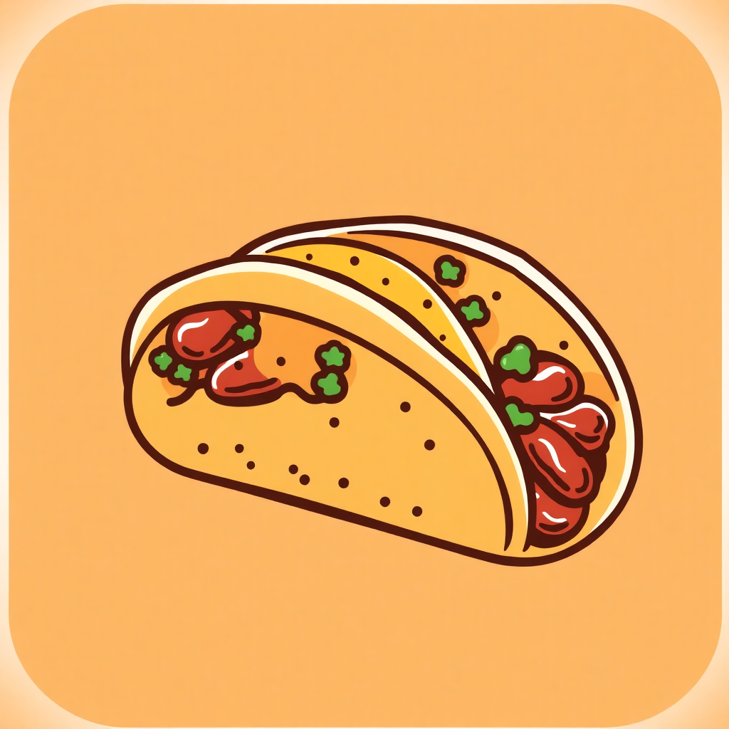 The image is an illustration of a taco on an orange background. The taco is in the shape of a tortilla and is filled with a variety of ingredients, including red beans, green peas, and other vegetables. The beans are arranged in a circular pattern around the edges of the tortilla, with some of them overlapping each other. The vegetables appear to be lettuce, tomatoes, and onions. The overall color scheme of the image is warm and vibrant, with shades of orange, yellow, and green.