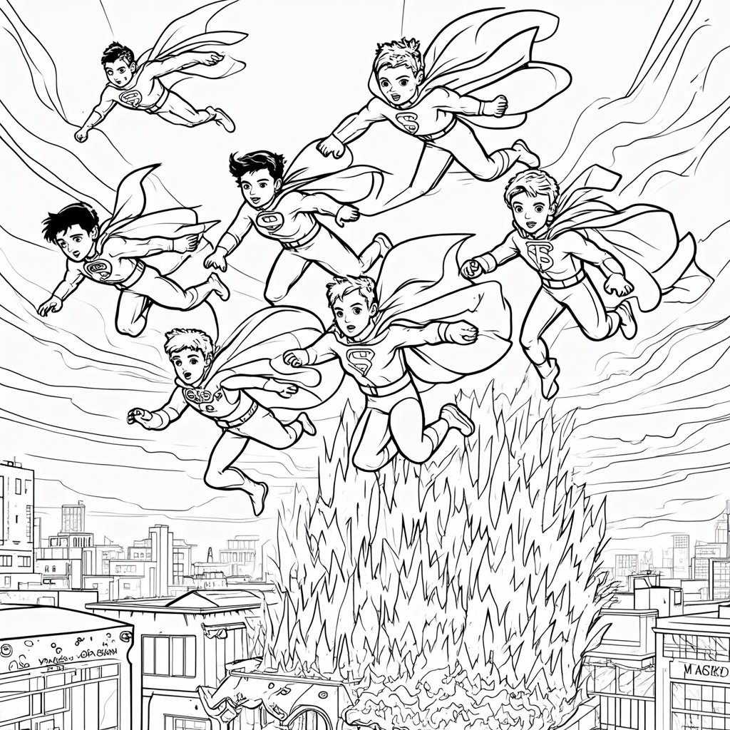 A group of diverse superheroes mid-flight, rescuing citizens from a burning building against a dramatic skyline.