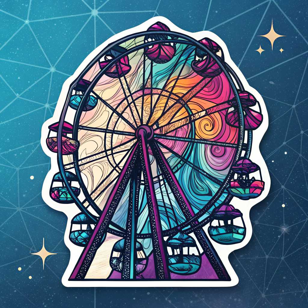 Psychedelic Ferris Wheel: A silhouette of the Ferris wheel rendered in vibrant, swirling psychedelic patterns, reminiscent of marbled neon paints or flowing light art. The background is a dark 'electric sky' with subtle geometric grids or starbursts, emphasizing a trippy, immersive feel for the sticker.