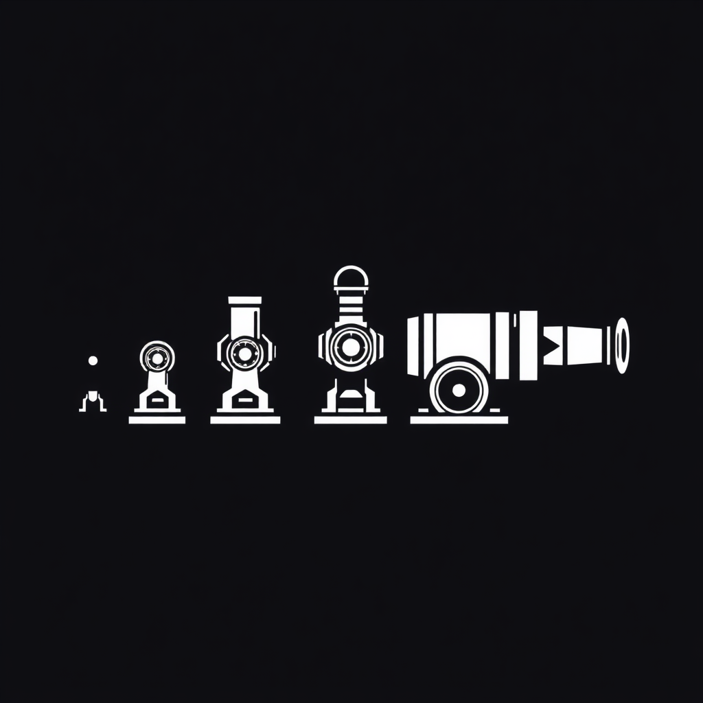 Visually represent different eras of the Arsenal cannon in a single, evolving emblem, starting from classic to a futuristic design, embodying 'Dynamic Cannon Evolution'.