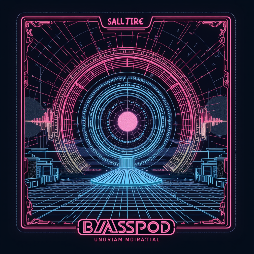 Retro Blueprint of Sound: T-shirt design styled as a retro-futuristic blueprint of the Basspod stage, with soundwave graphics as data readouts and Tron-like colors.