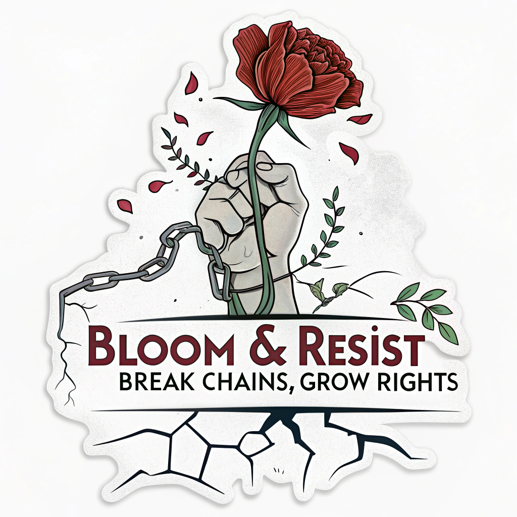 Design Idea 5: An action-oriented design showing a carnation dynamically bursting forth from cracked pavement or breaking symbolic chains, representing the struggle and triumph of labor rights. Text example: 'Bloom & Resist' or 'Break Chains, Grow Rights'.