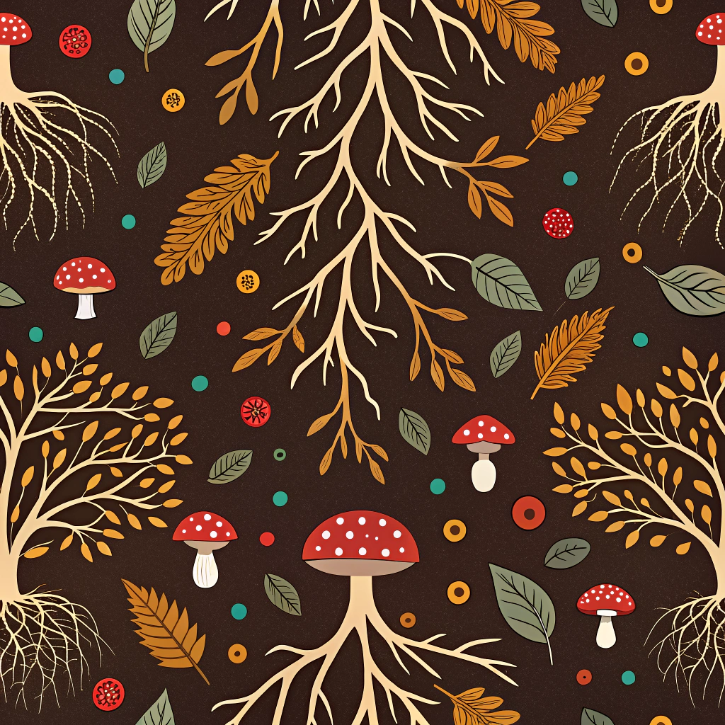 Soil Health Network Pattern: Designs showing interconnected root systems, mycelial networks, and diverse soil microbes using earthy tones (browns, deep reds, ochres) with vibrant accents, symbolizing the living soil.