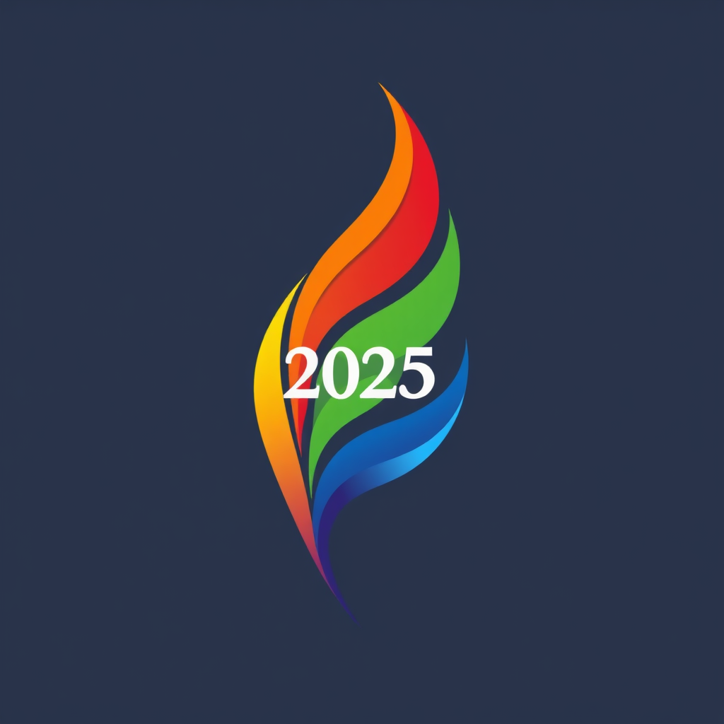 Sub-Design Idea 4 (Ascending Flame/Feather): A stylized, upward-flowing abstract shape resembling a flame or a phoenix feather, rendered in transitioning rainbow colors. This emblem symbolizes resilience, passion, and the illuminating spark of pride. '2025' is artfully integrated into its elegant curves.