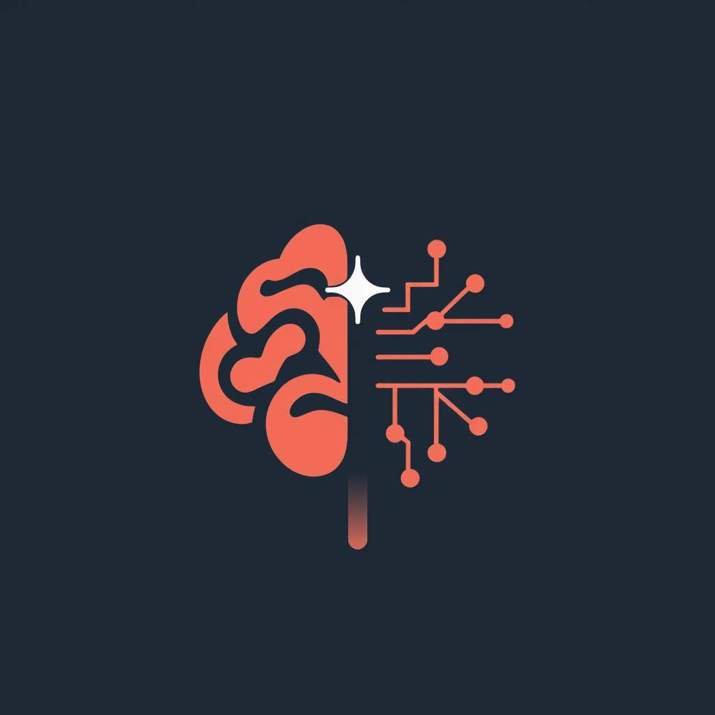 Simple Icon Concept: A unified symbol where one half depicts an organic representation of a human mind (e.g., a smooth brain contour or flowing lines) and the other half showcases a structured digital pattern (e.g., circuit lines, pixel grid, or interconnected nodes). A subtle spark, plus sign, or light effect should appear at their convergence point to signify generation or creation.