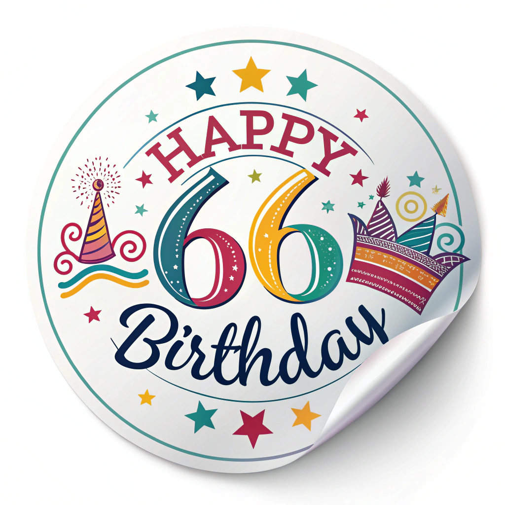 A circular sticker with 'Happy Birthday' around the edge and a prominent number in the center, using bright and celebratory colors.