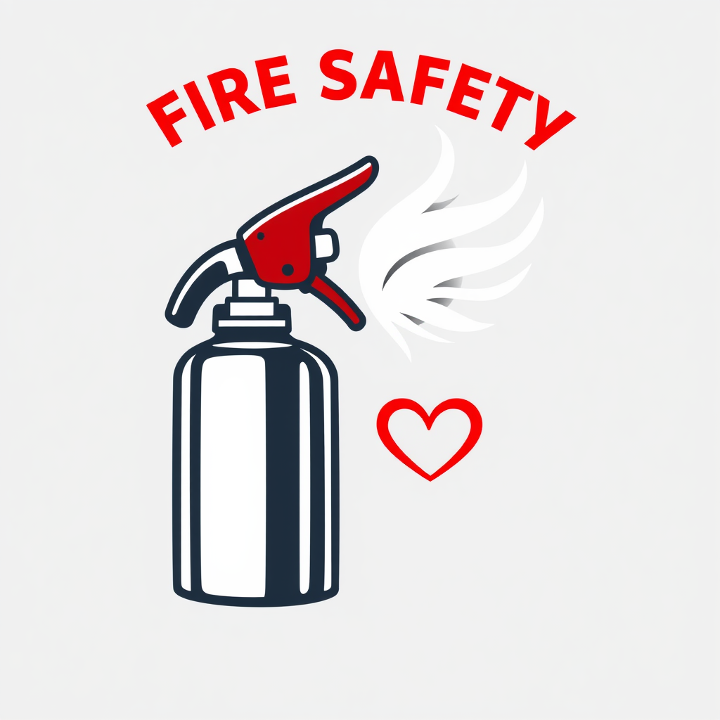 A logo featuring a fire extinguisher nozzle emitting a stream that forms a heart shape, representing the life-saving aspect of fire safety.