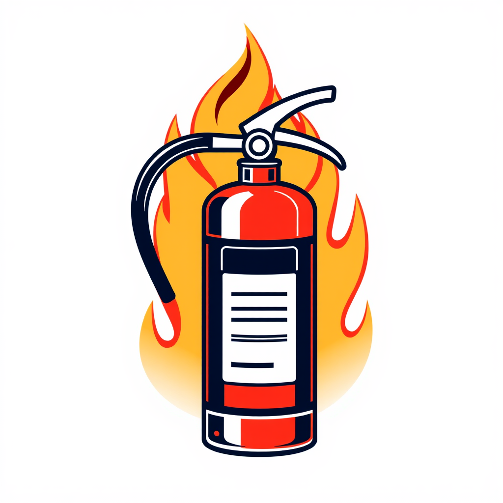 Fire extinguisher logo with a flame behind it.