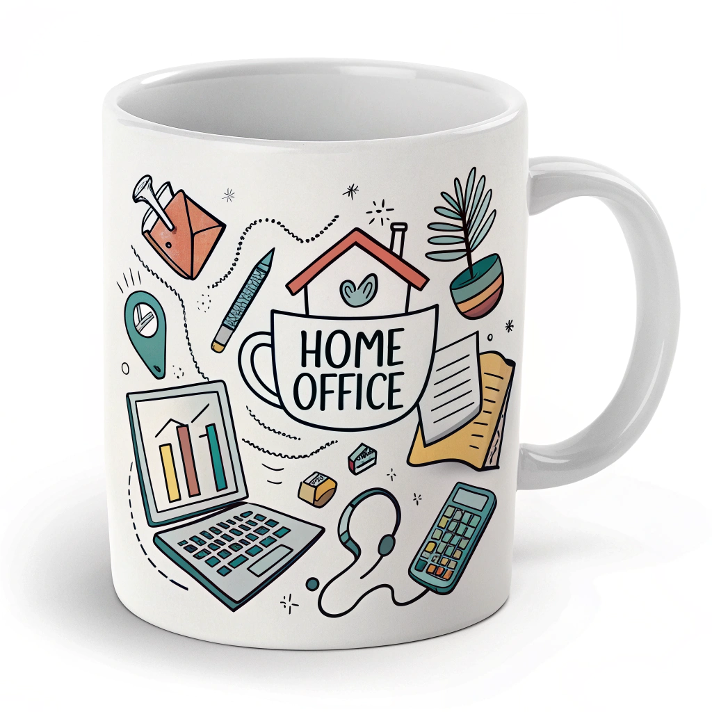 Coffee mug with 'Home Office' written on it, surrounded by work-related icons.