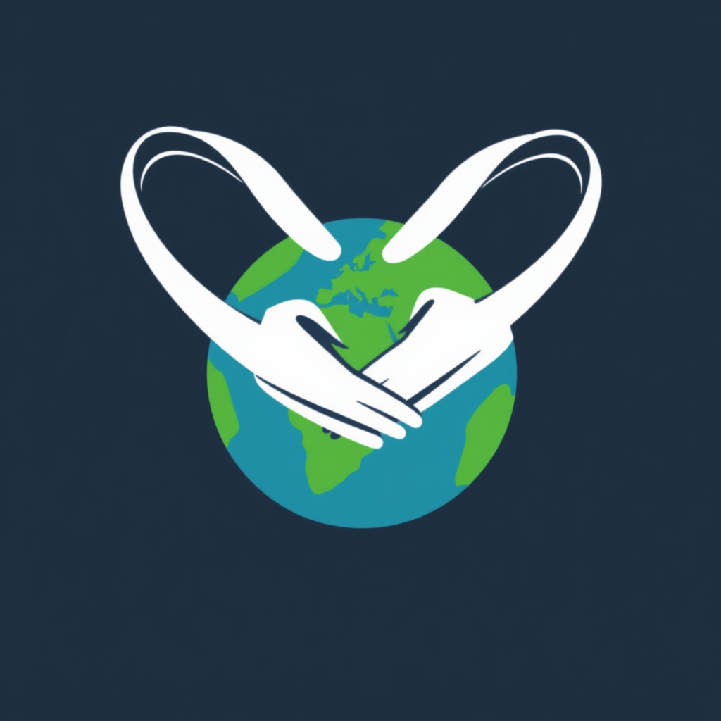 Abstract Global Embrace: Flowing, abstract lines representing embracing arms or hands dynamically C-shaping or wrapping around a simplified Earth or a green/blue sphere, offering a modern and artistic take on global unity and care.