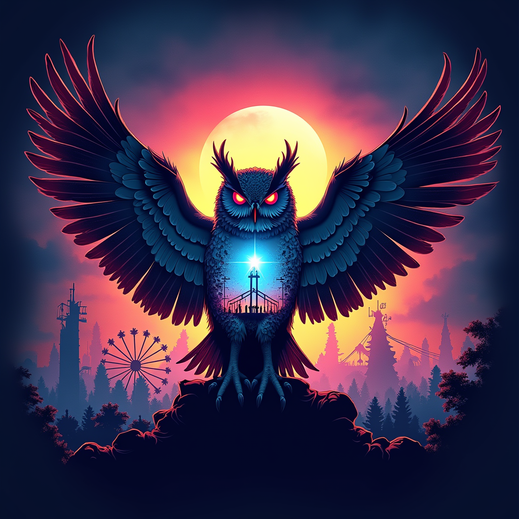 Electric Owl Vision Silhouette: Features a majestic silhouette of an owl, a prominent EDC mascot, with wings spread wide. The owl is positioned against a brilliant 'electric sky.' Within the owl's silhouette, or as subtle background elements, one could see smaller silhouetted scenes of the festival, like people dancing, carnival rides, or light installations.