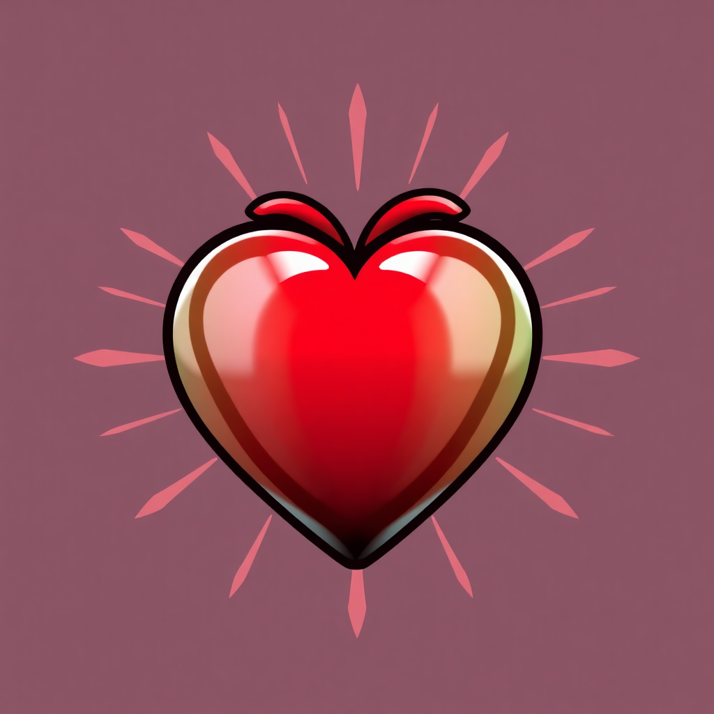 The image shows a red heart with rays radiating out of it, set against a pink background. The heart is animated, giving it a lively and vibrant look.